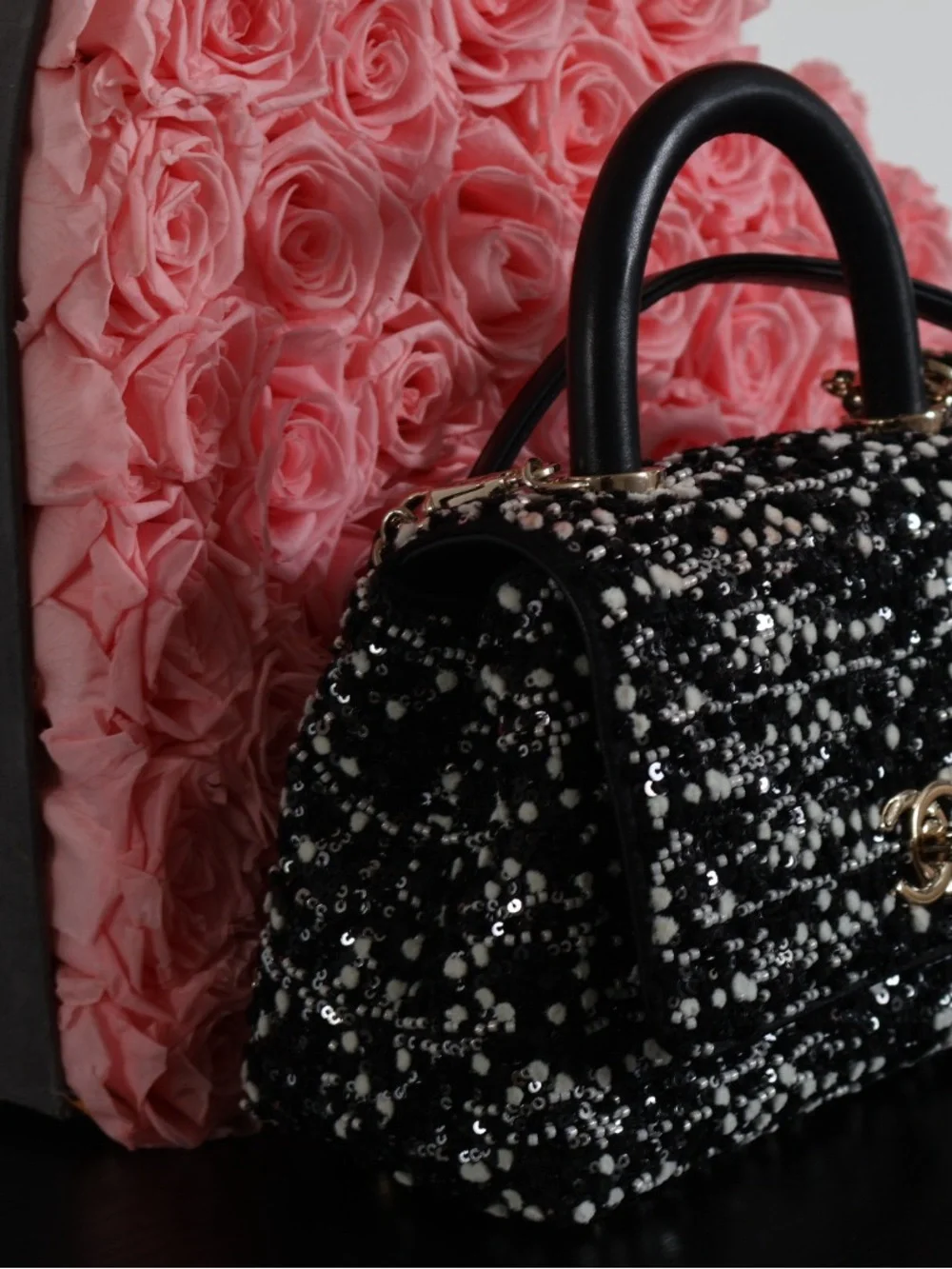 CHANEL Black & White Tweed Top Handle Bag with Silver Hardware